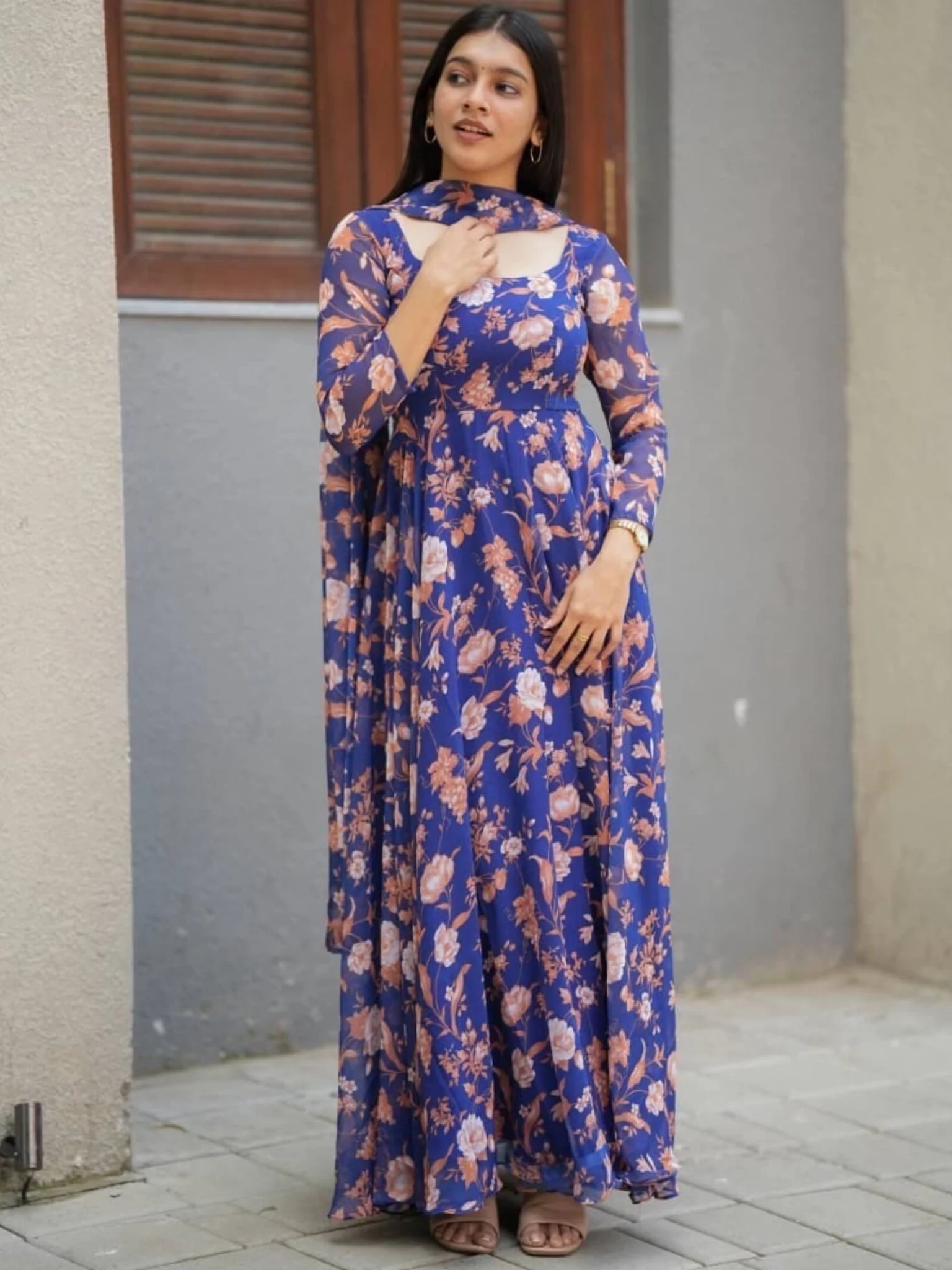 Aarvi Premium Anarkali Long Sleeve Teal Floral 2 pis Gown - Image 3