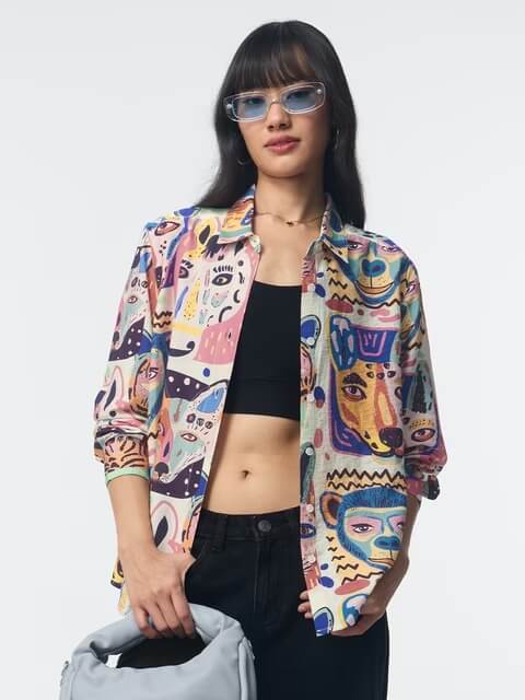 Abstract Jungle Portrait Print Shirt for Ladies