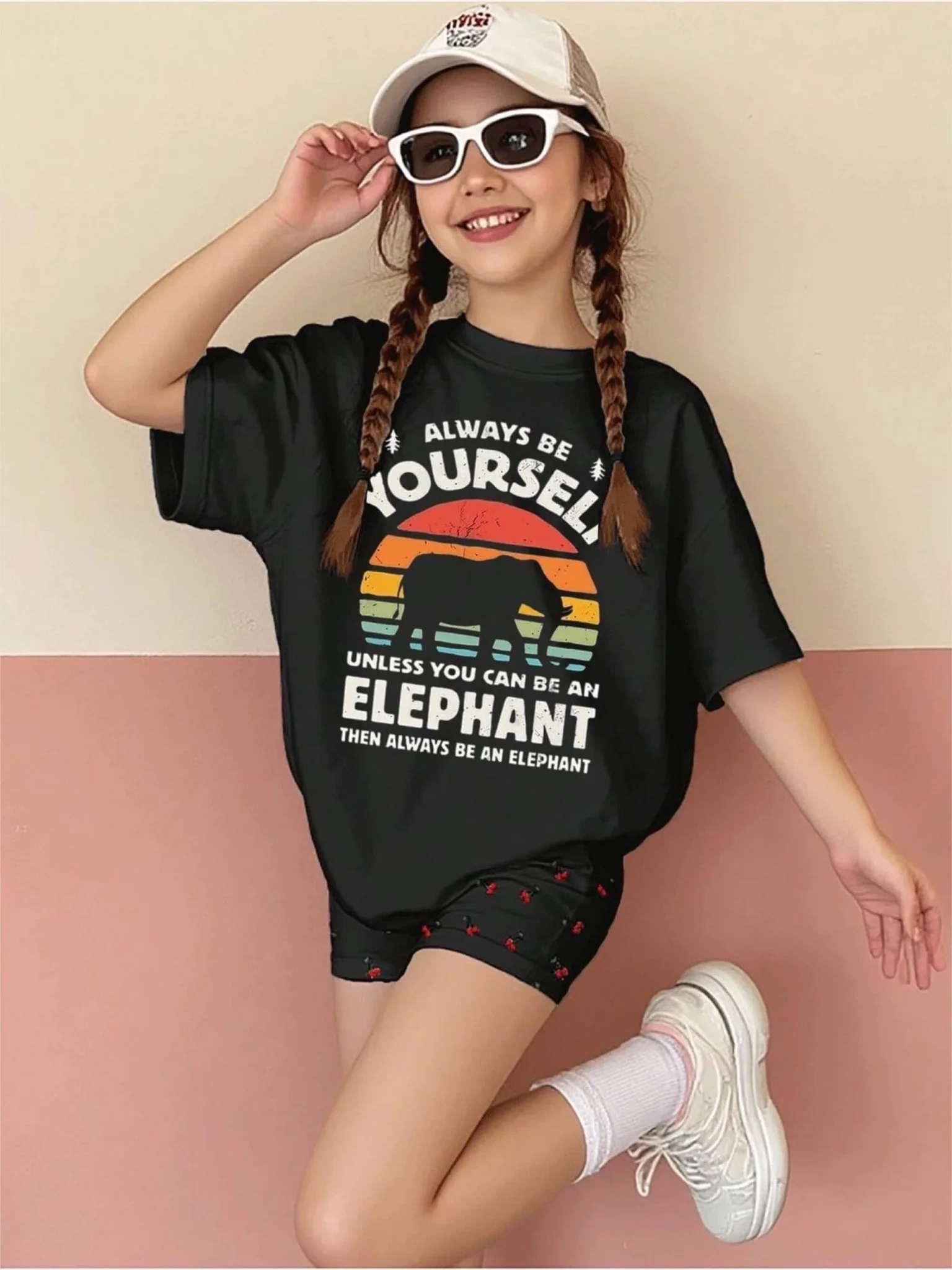 Always Be Yourself Elephant Printed Short Sleeve Girls T-shirt
