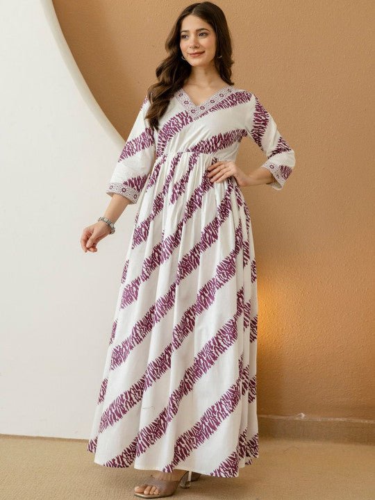 Amara Purple Stripe V-Neck Printed Gown Dress - White & Violet Flare - Image 3