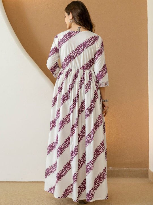 Amara Purple Stripe V-Neck Printed Gown Dress - White & Violet Flare - Image 5