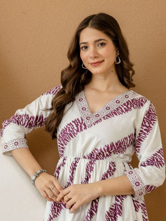 Amara Purple Stripe V-Neck Printed Gown Dress - White & Violet Flare - Image 6