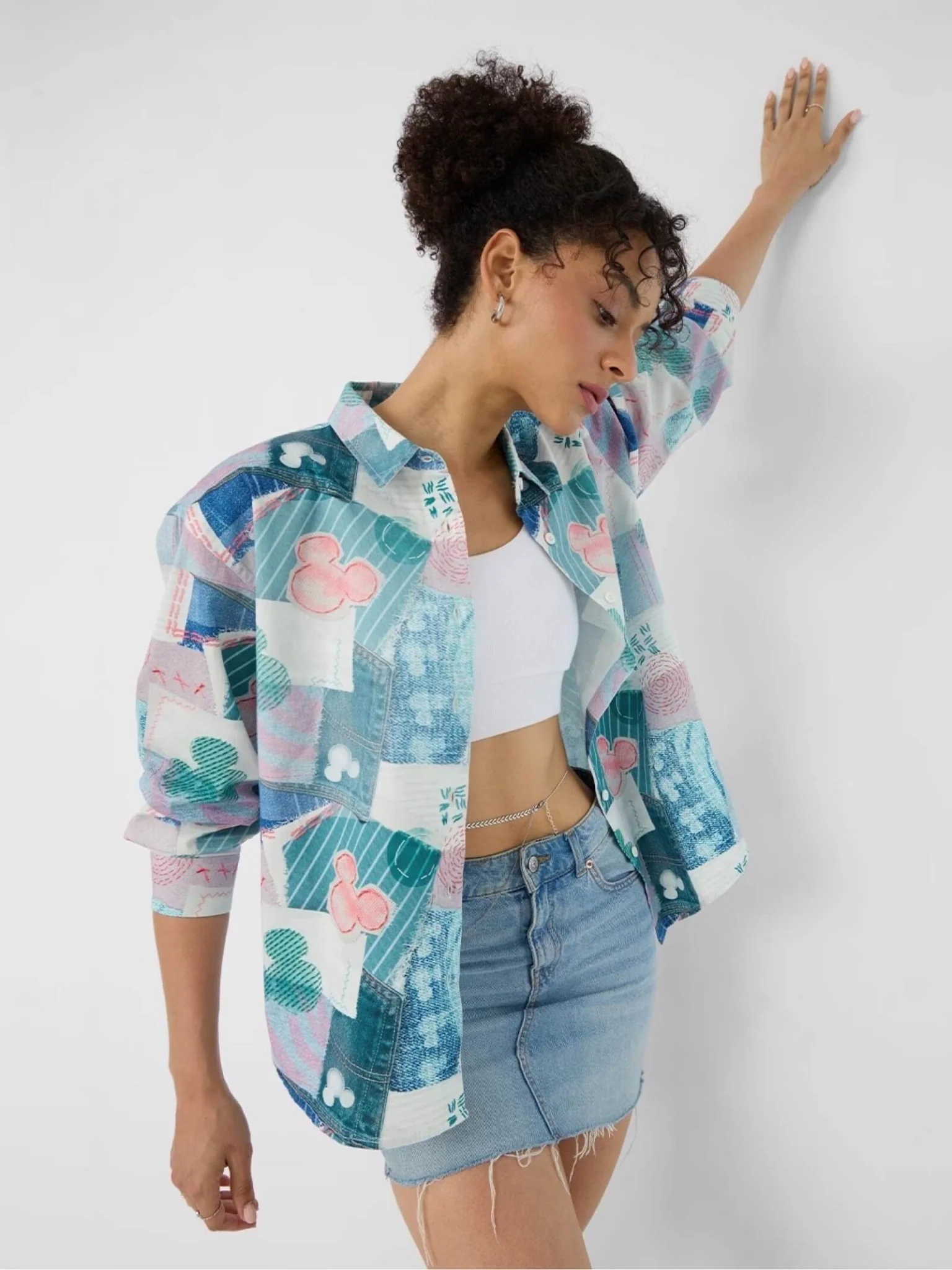 Artisan Mickey Mouse Patchwork Print Oversized Shirt - Blue/Pink Sale - Image 4