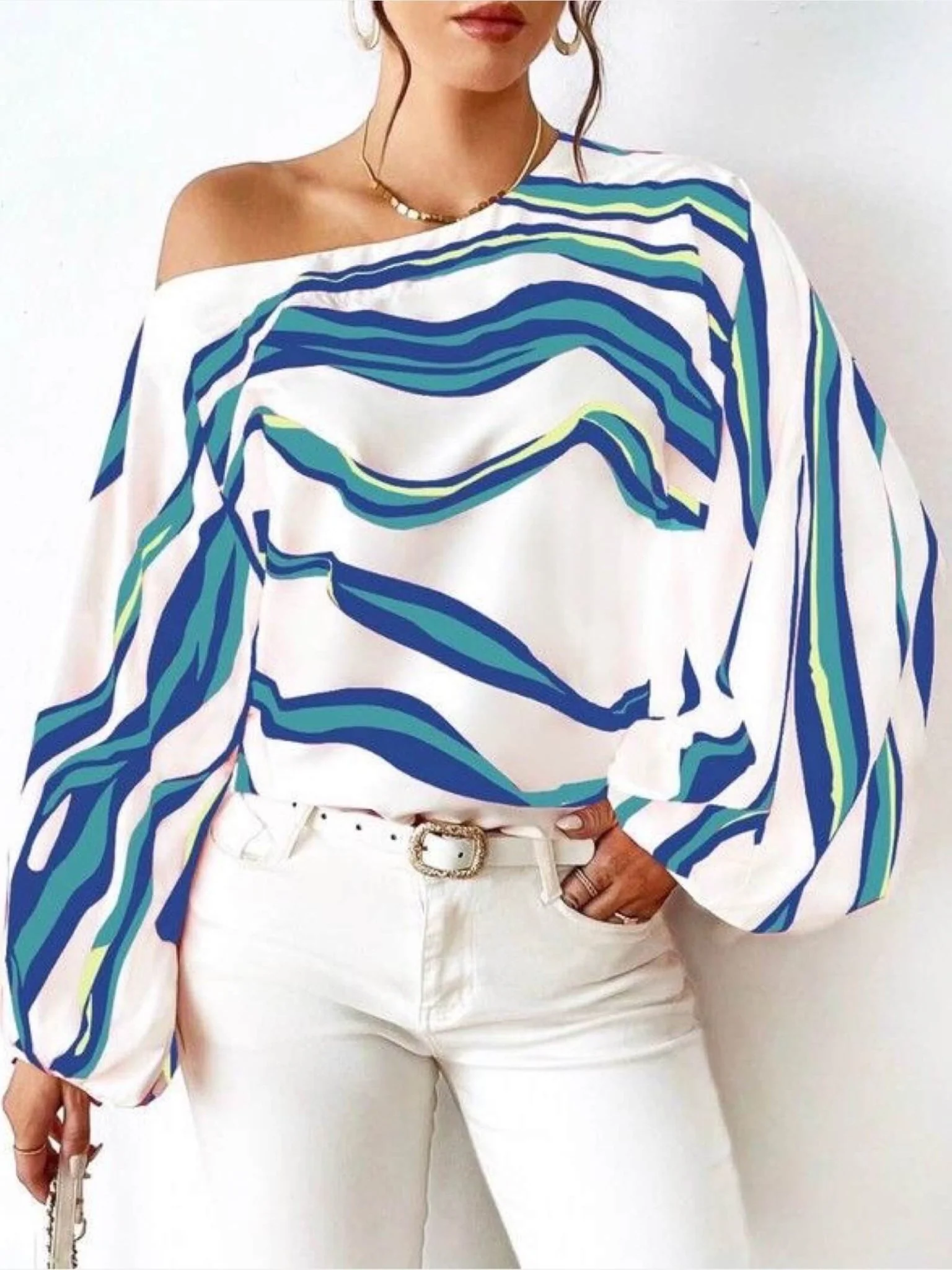 Aurora Wave One-Shoulder Tops- Red & Blue Abstract Striped Balloon Sleeve Top
