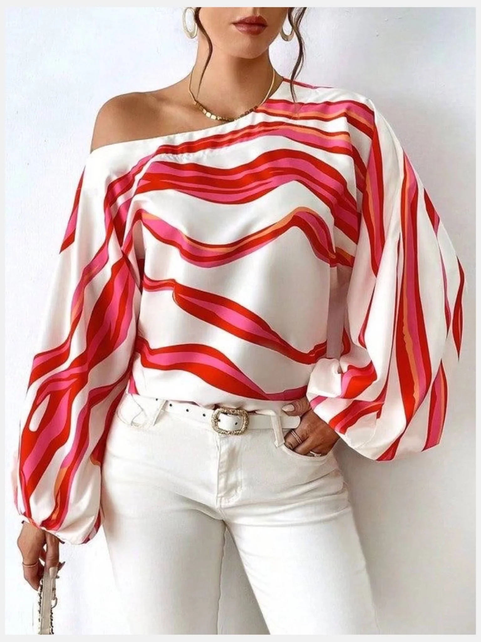 Aurora Wave One-Shoulder Tops- Red & Blue Abstract Striped Balloon Sleeve Top - Image 2