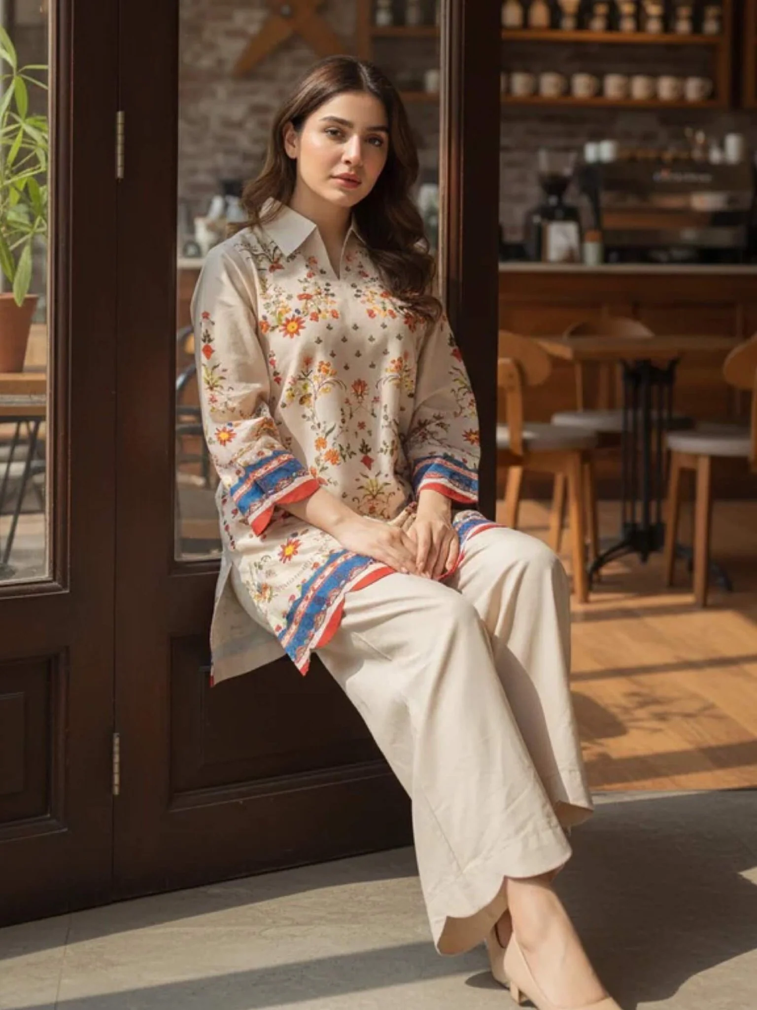 Azure Bloom Steel Blue Floral Printed 2-Piece Straight Kurta & Trouser Set