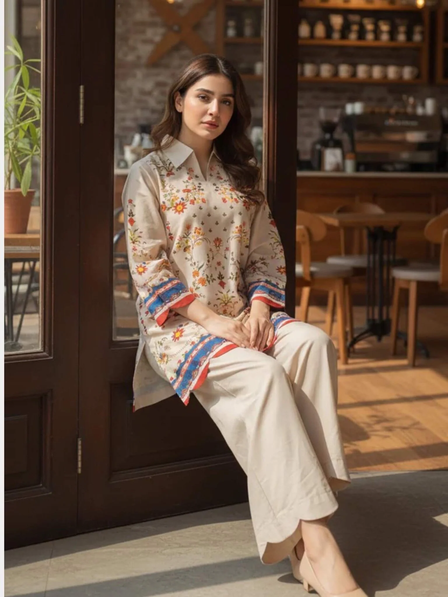 Azure Bloom Steel Blue Floral Printed 2-Piece Straight Kurta & Trouser Set - Image 2