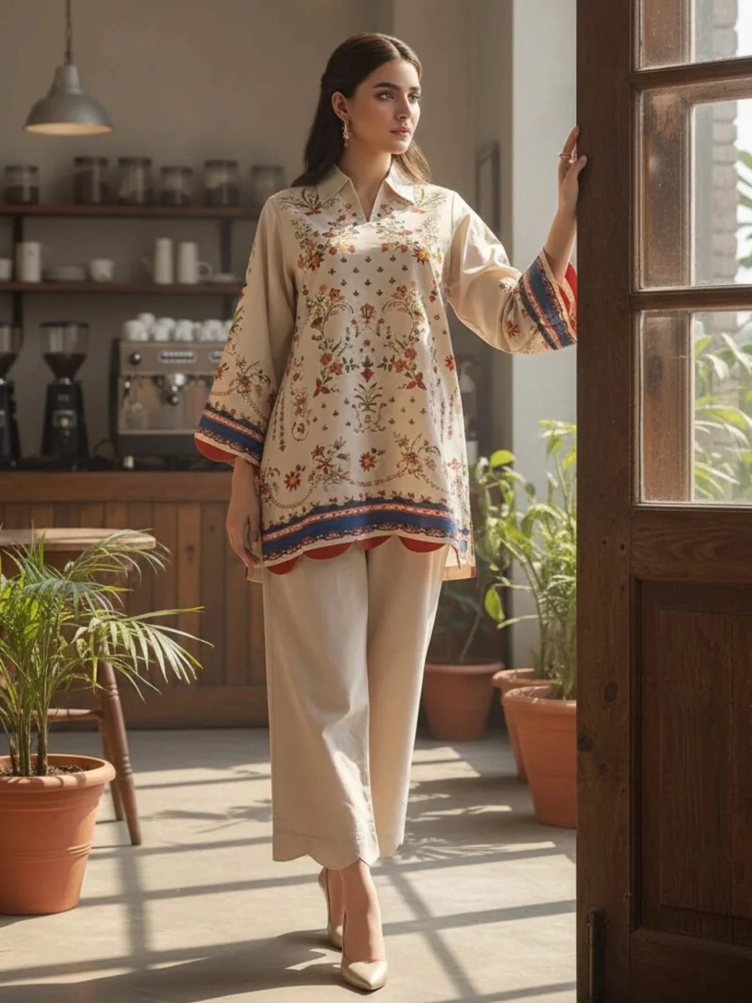 Azure Bloom Steel Blue Floral Printed 2-Piece Straight Kurta & Trouser Set - Image 3