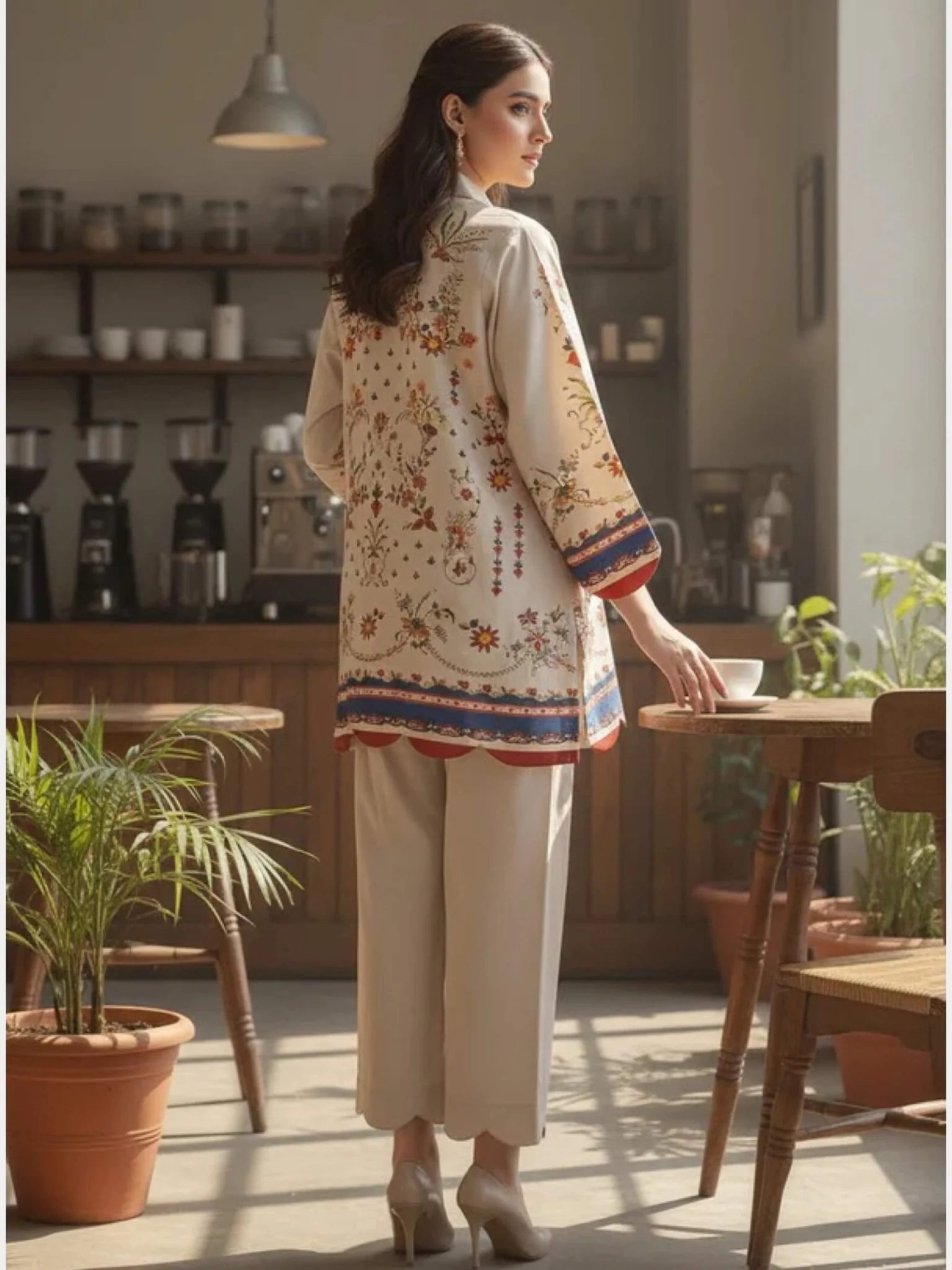 Azure Bloom Steel Blue Floral Printed 2-Piece Straight Kurta & Trouser Set - Image 4