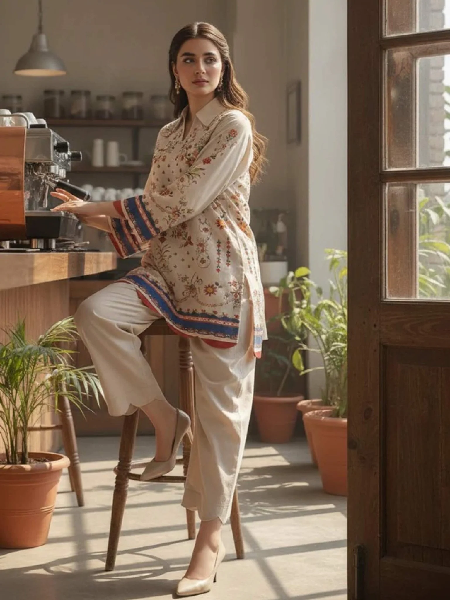 Azure Bloom Steel Blue Floral Printed 2-Piece Straight Kurta & Trouser Set - Image 5