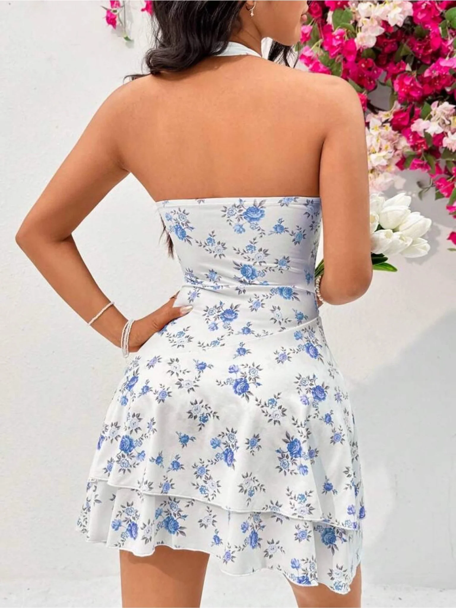 Azure Bloom White and Blue Floral Halter Mini Dress with Tiered Ruffle Hem - Image 3