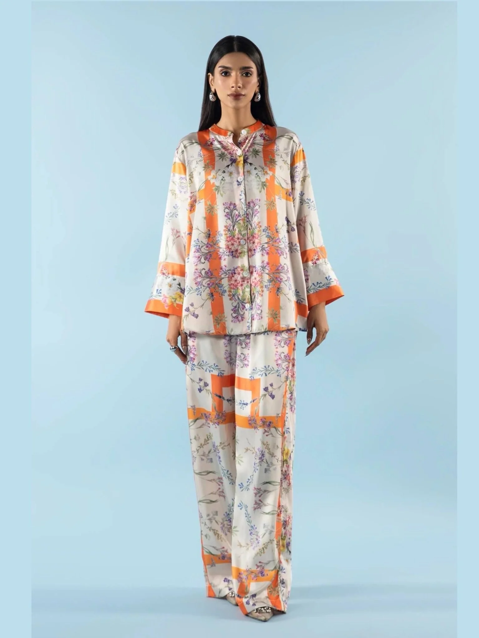 Azure Grace Steel Blue Tropical Floral Straight Shirt & Trouser 2PC Set