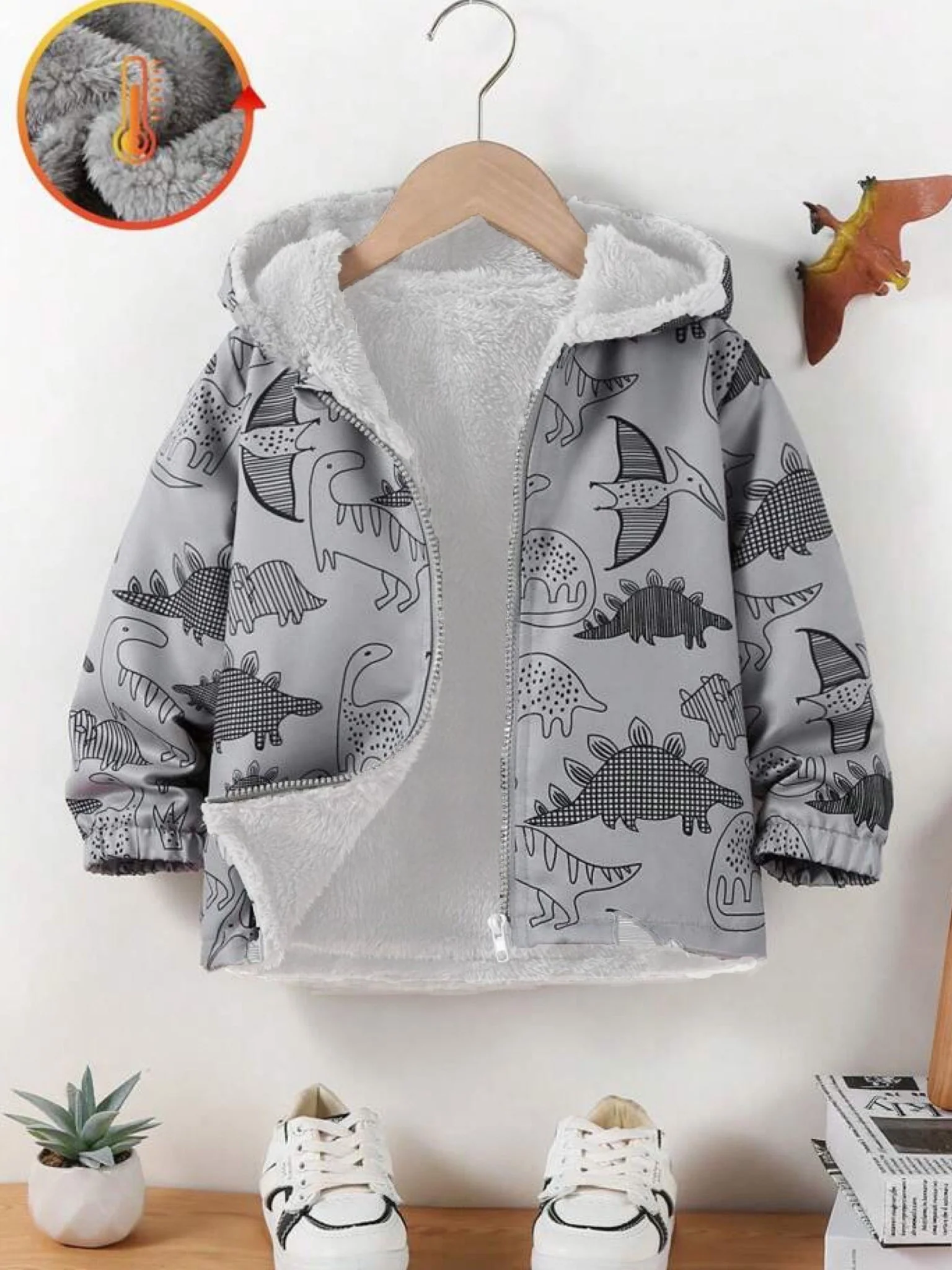 babies dinosaur print sherpa lined hooded jacket