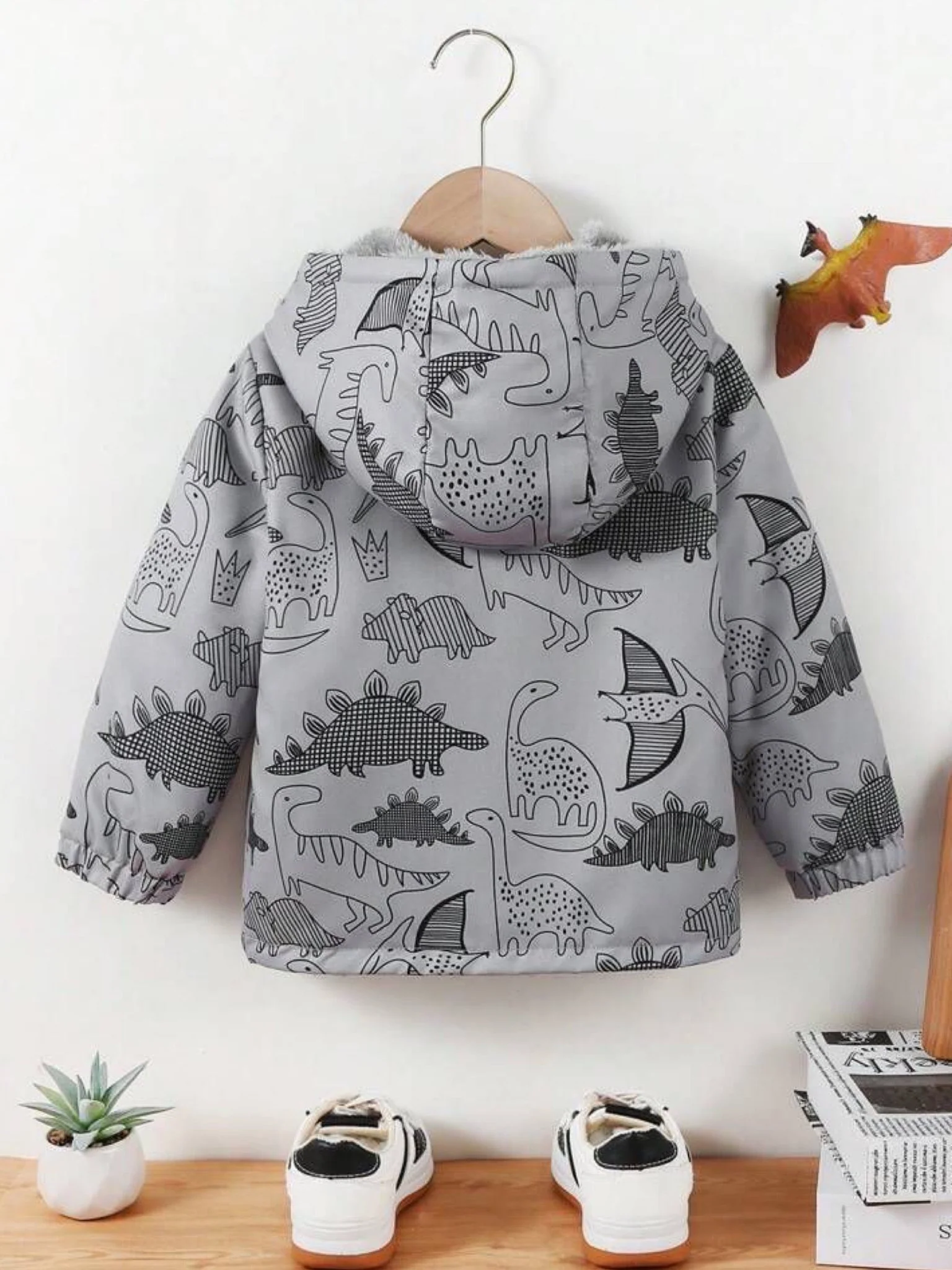 babies dinosaur print sherpa lined hooded jacket - Image 2