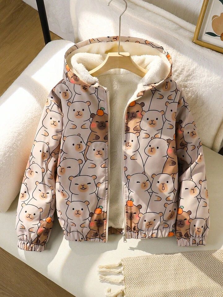 Babies hooded jacket cartoon bear print sherpa lining