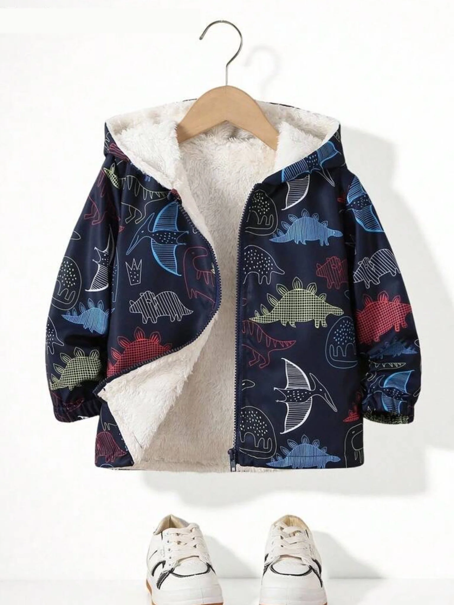 babies hooded jacket dinosaur print sherpa-lined
