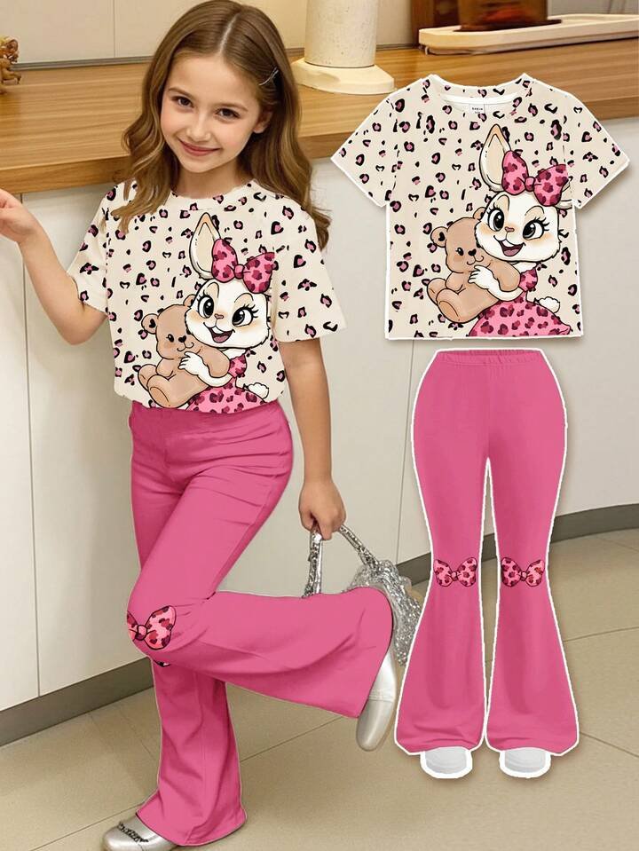Baby Girls 2 Piece Leopard Bow & Rabbit Print Tee and Pant Set
