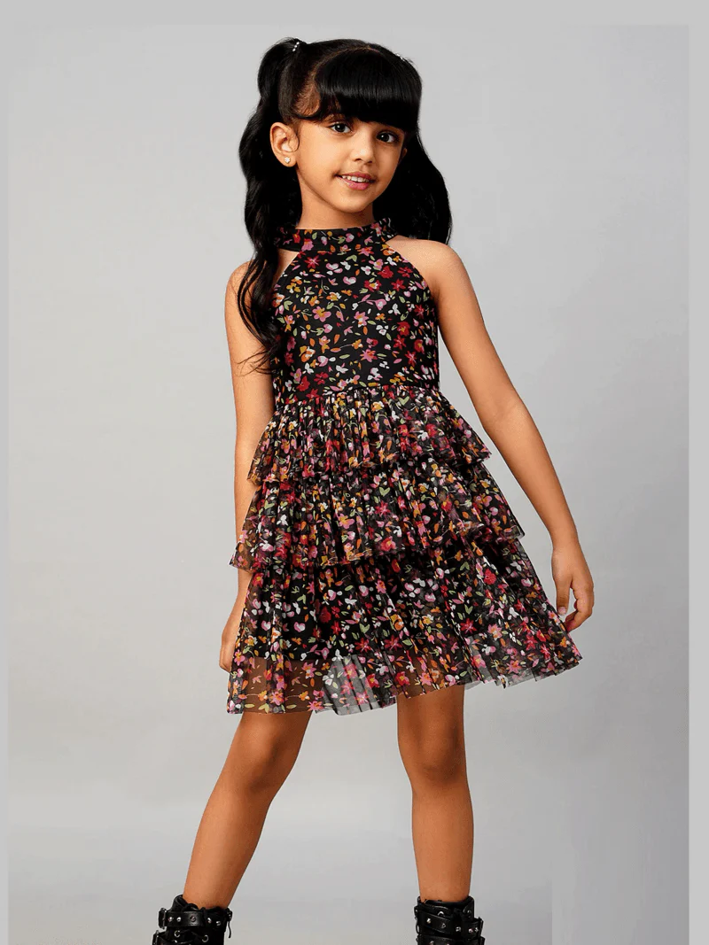 Baby Girls Vibrant Floral Layered Crisscross Backless Dress