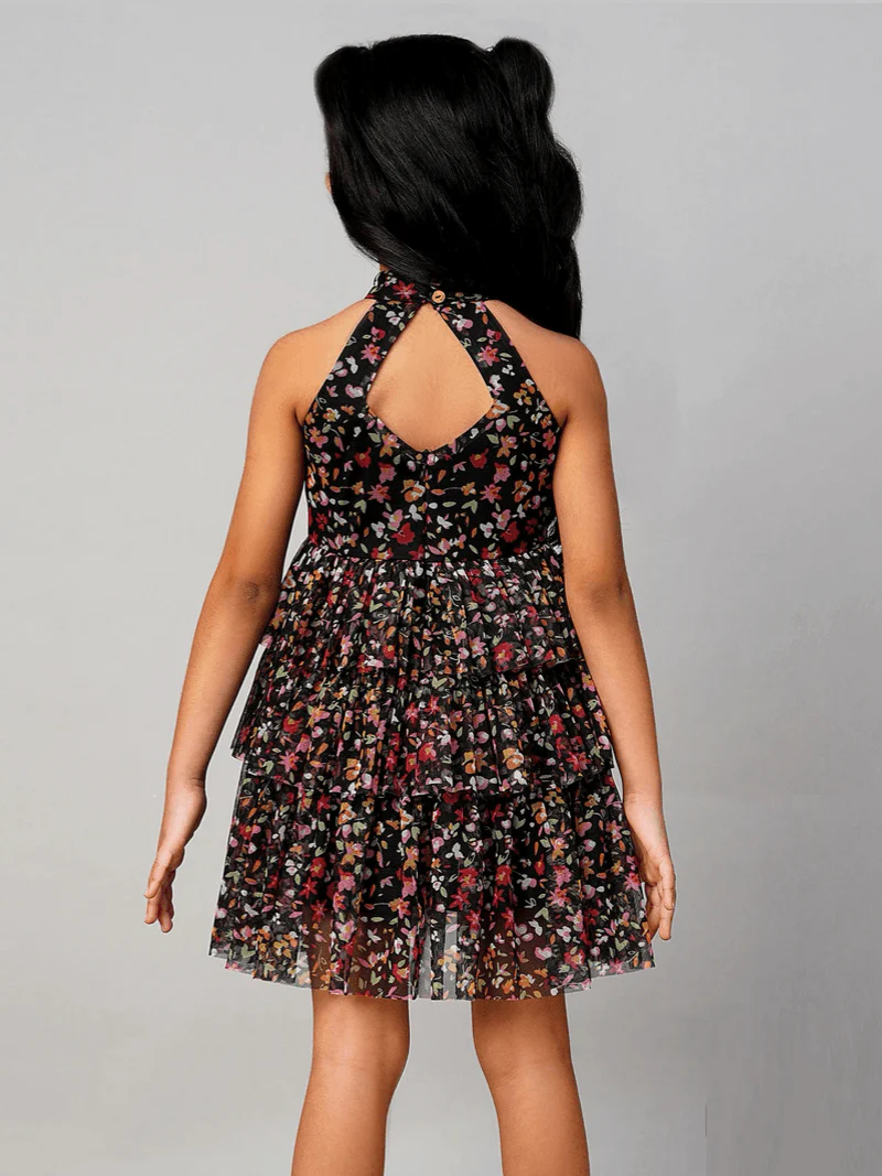 Baby Girls Vibrant Floral Layered Crisscross Backless Dress - Image 2