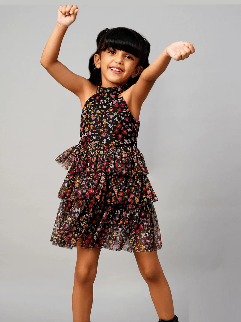 Baby Girls Vibrant Floral Layered Crisscross Backless Dress - Image 3