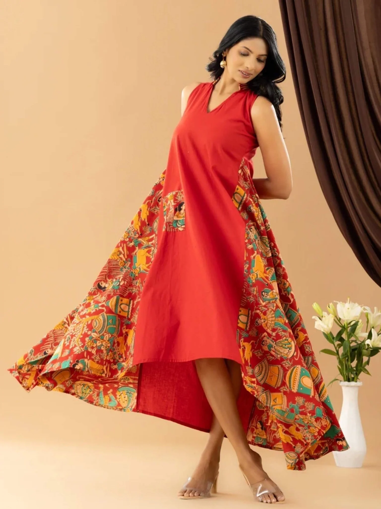 Bahaar red kalamkari asymmetrical dress