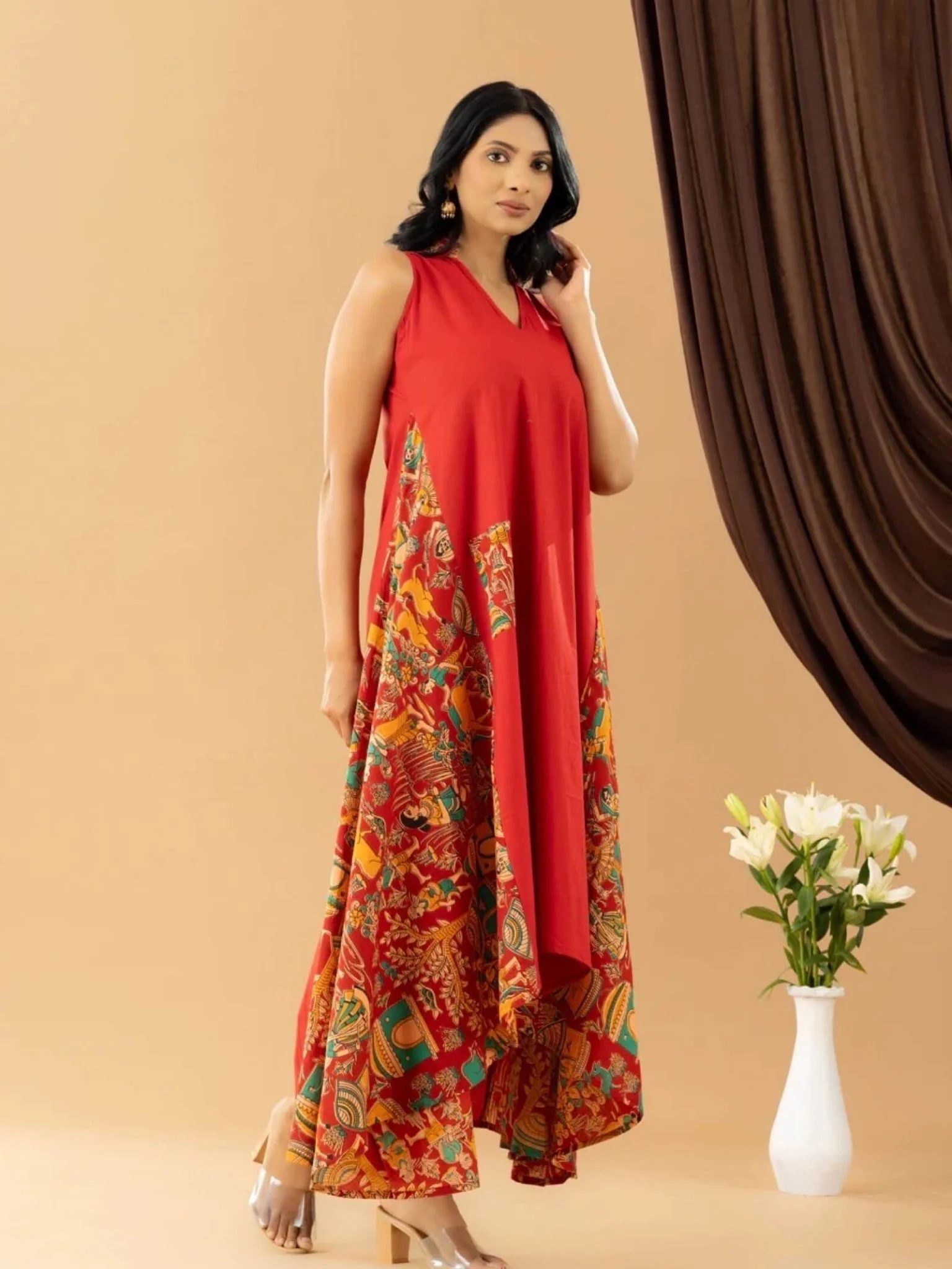 Bahaar red kalamkari asymmetrical dress - Image 2