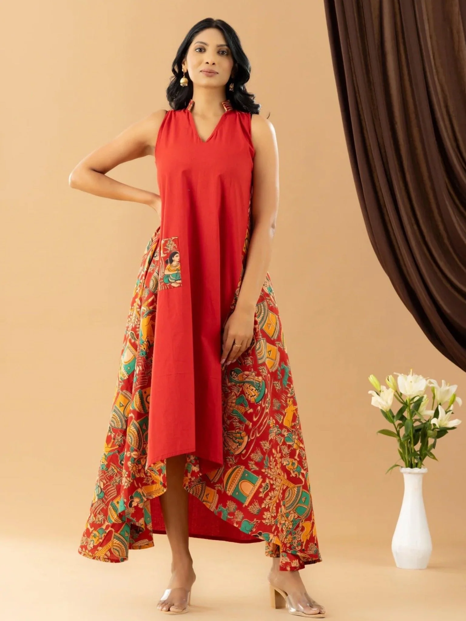 Bahaar red kalamkari asymmetrical dress - Image 4