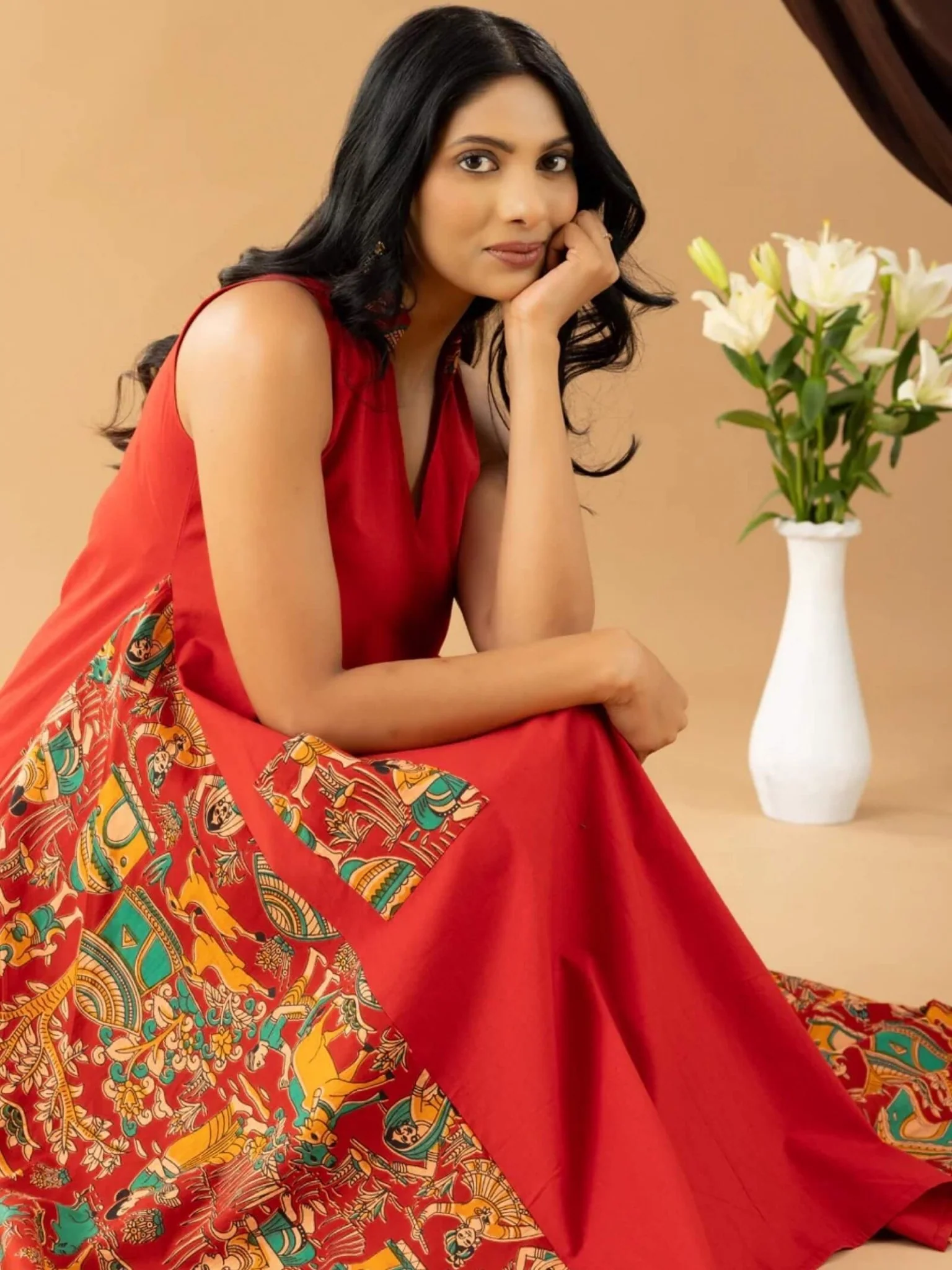 Bahaar red kalamkari asymmetrical dress - Image 5