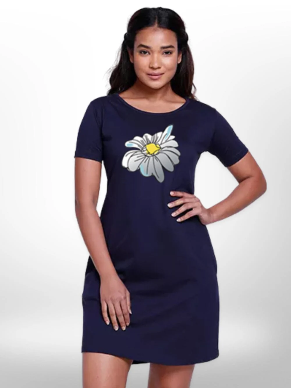 Beautiful Big Flower Printed Long T-shirt For Women's - Image 3