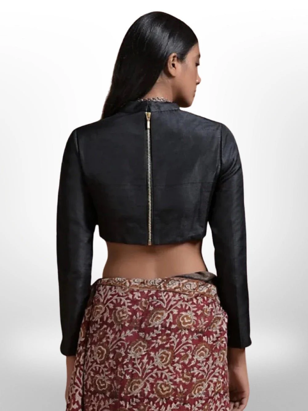 Black Long Sleeves High Neck Satin Stitch made Blouse, Wedding Partywear Sari Blouse - Image 2