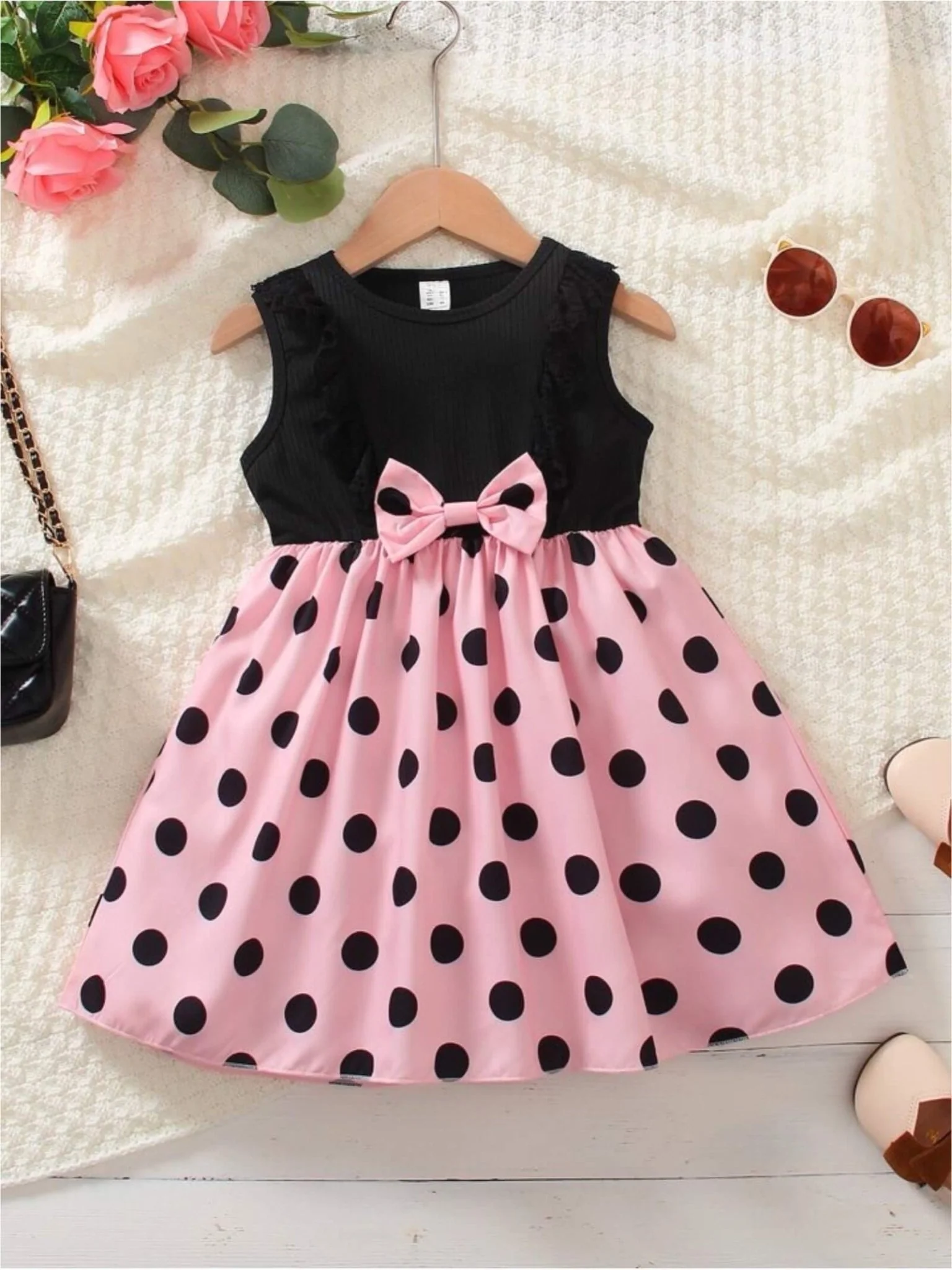 Black Ribbed Sleeveless Pink Polka Dot Party Dress with Waist Bow