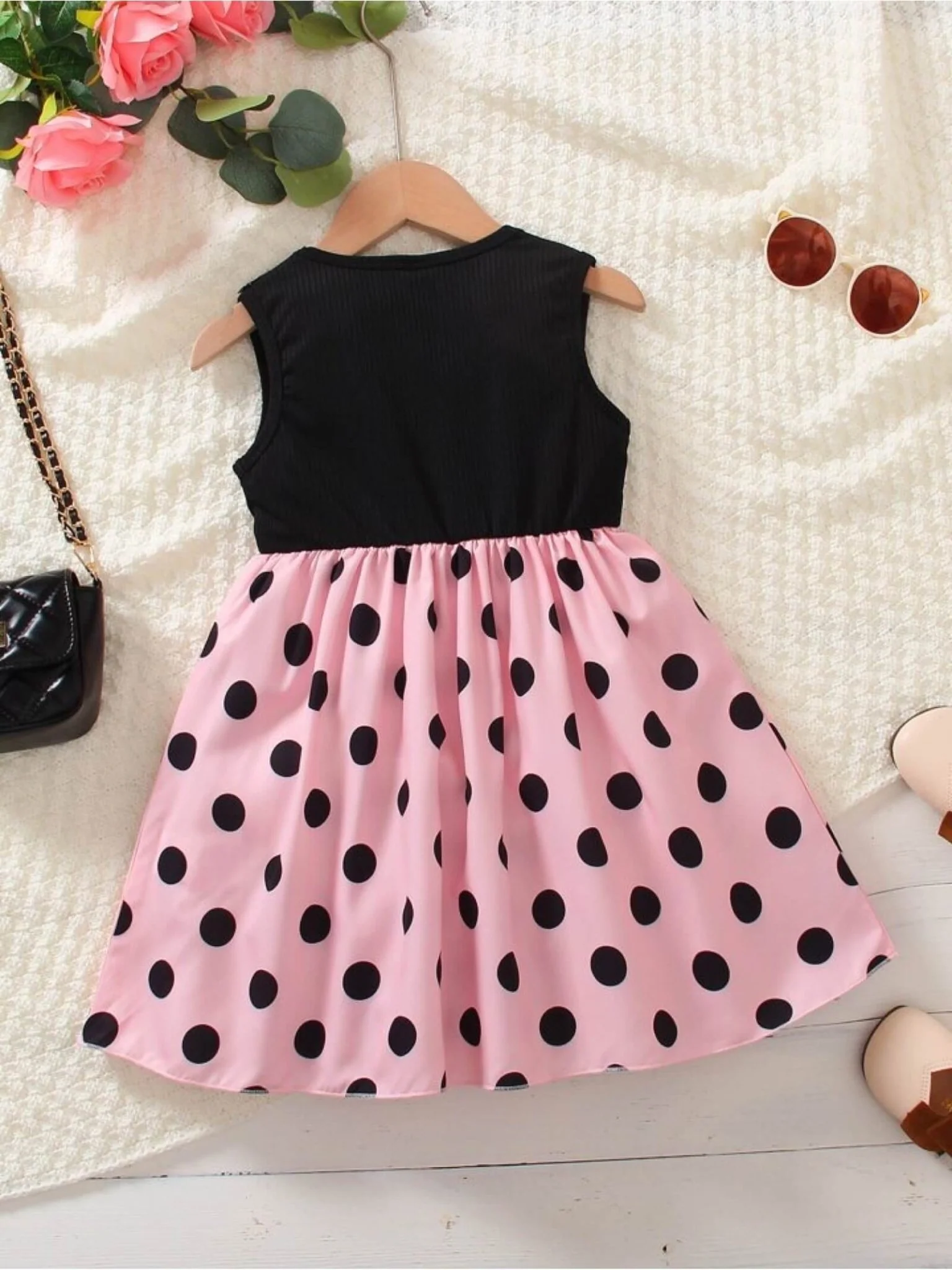 Black Ribbed Sleeveless Pink Polka Dot Party Dress with Waist Bow - Image 2