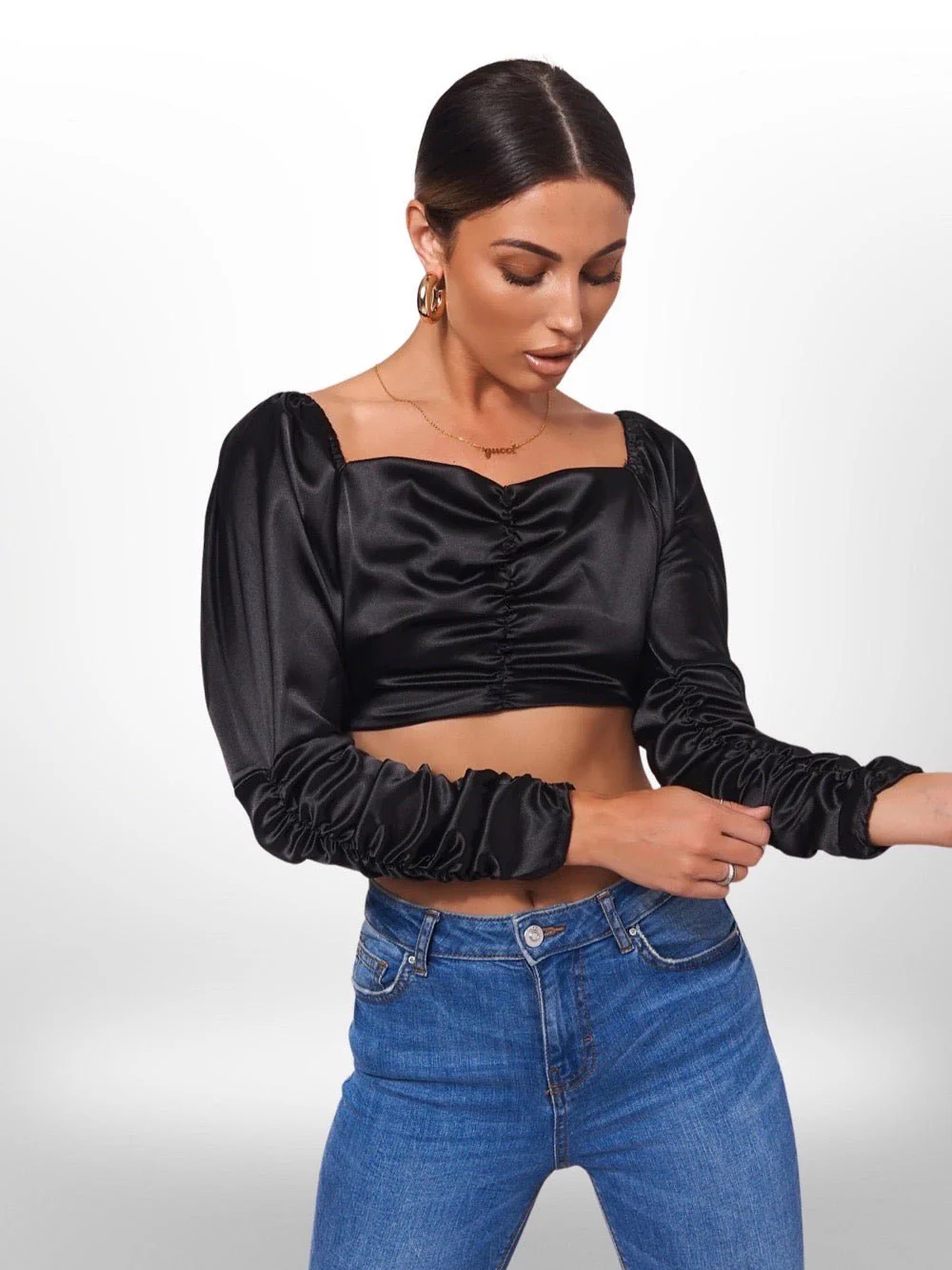 BLACK SATIN CROP TOP PADDED BLOUSE - Image 4