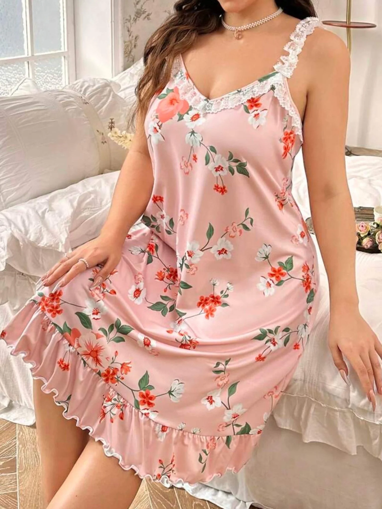Blossom Pink Floral Nightdress - Lace Trim Ruffle Hem Sleepwear 🌸