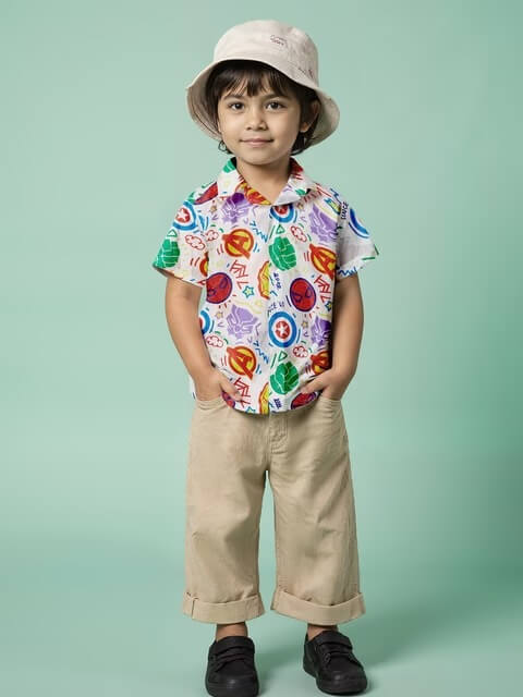 Boys Marvel Avengers Doodle Print Short Sleeve Button-Down Hero Shirt