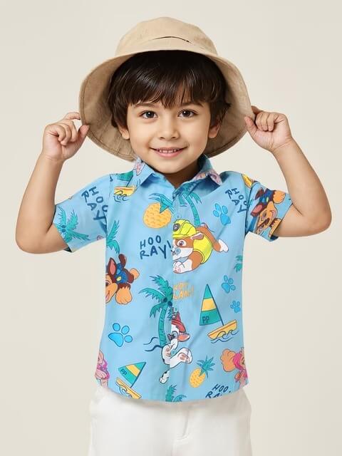 Boys Paw Patrol Hoo Ray Sky Blue Tropical Beach Print Short Sleeve Shirt