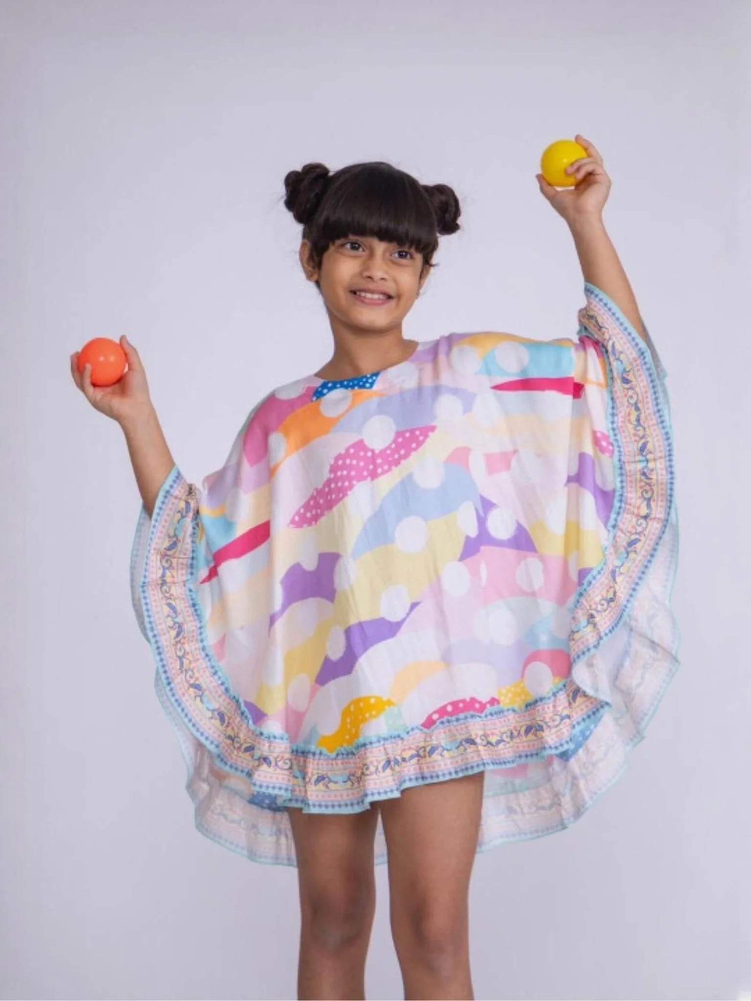 Candy Wave Batwing Kaftan Tunic - Colorful Ruffle Trim Girls Dress