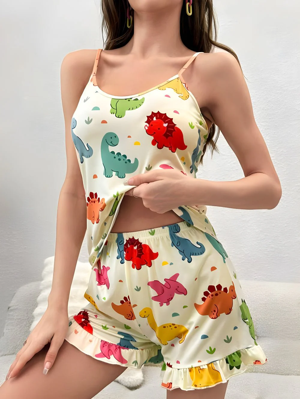 Cartoon Little Dinosaur Print Cami Top and Shorts Set For Women Summer collection | Legacy Boutiques Dhaka - Image 3