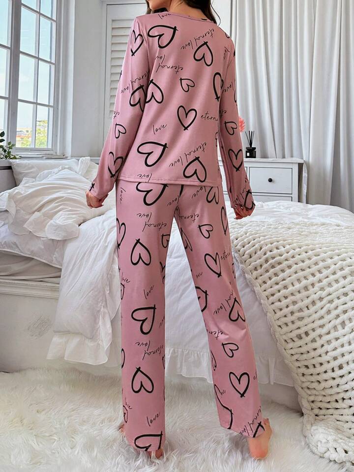 Casual Heart Print Pajama Set For Fall & Winter, Round Neck Long Sleeve Top & Elastic Pants, Women's Sleepwear | Legacy Boutiques Bangladesh - Image 2