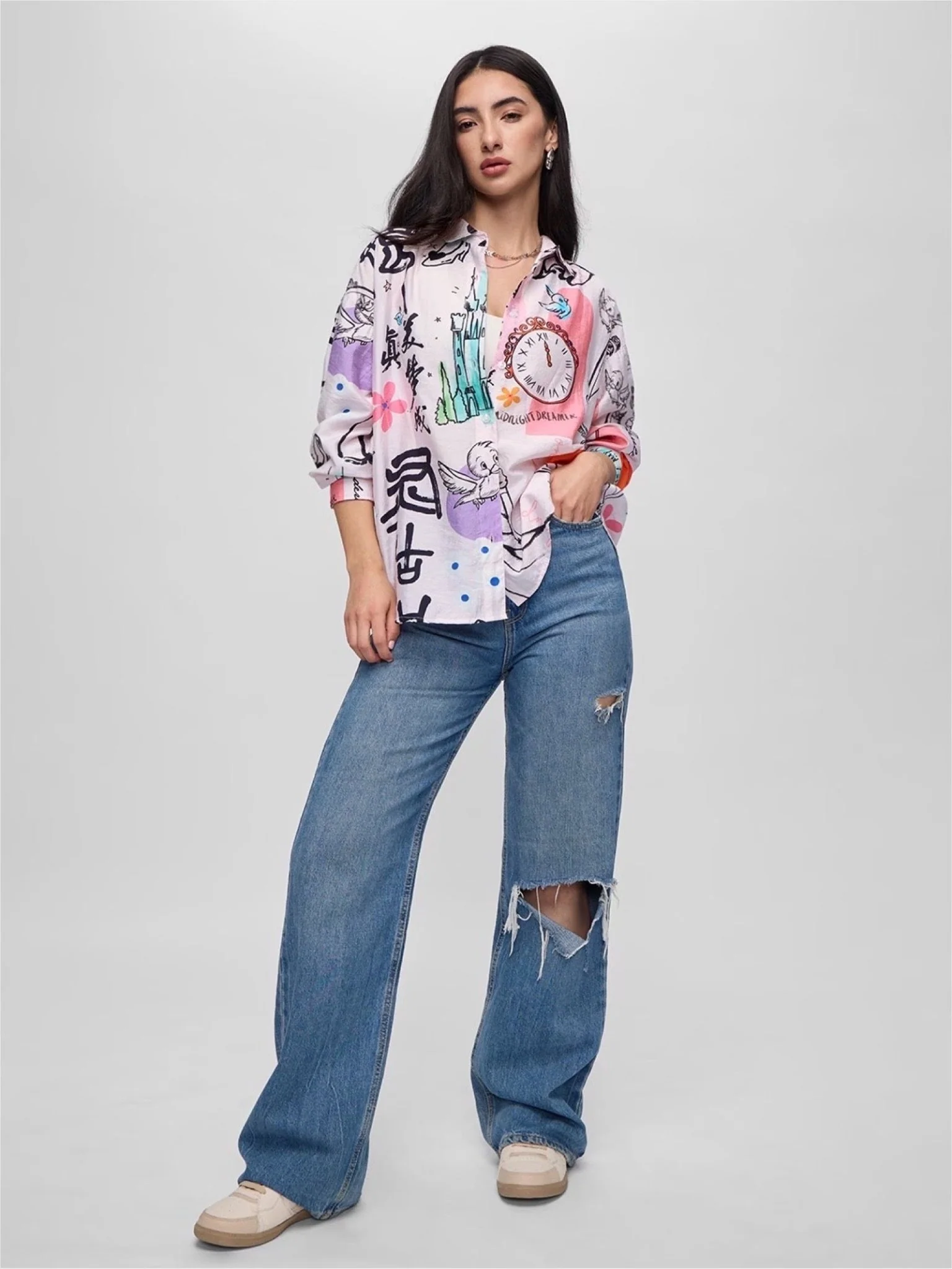 Cinderella Glass Slipper Calligraphy Print Shirt - Modern Graphic Button-Up