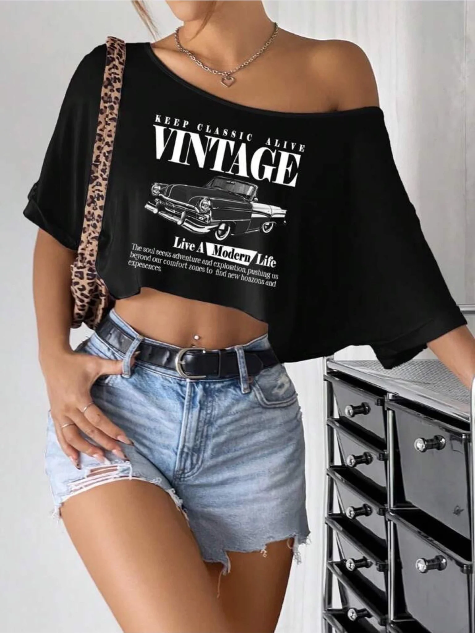 Classic vintage car printed crop tops womens - Image 2