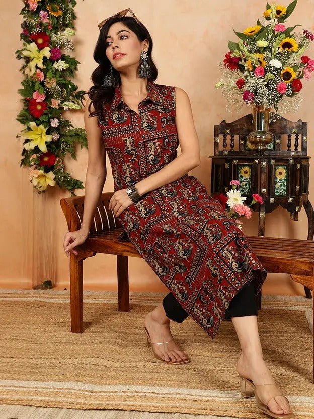 Crimson Kalamkari Peacock Print Sleeveless Shirt-Style Tunic Kurta - Image 2