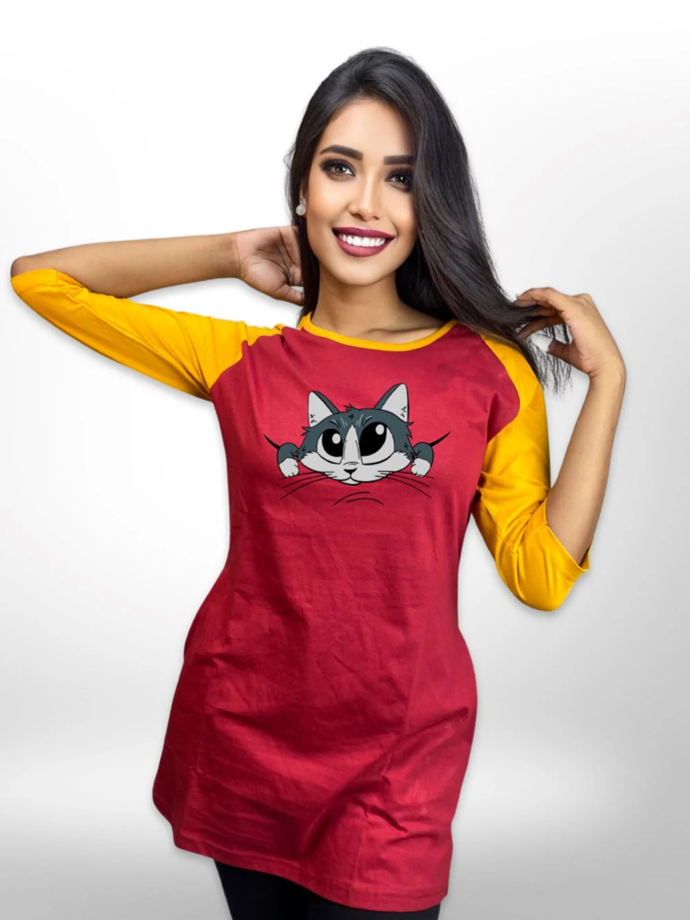 Cute Puppy Printed Raglan Sleeve Side Pocket Long T-shirt - Image 3