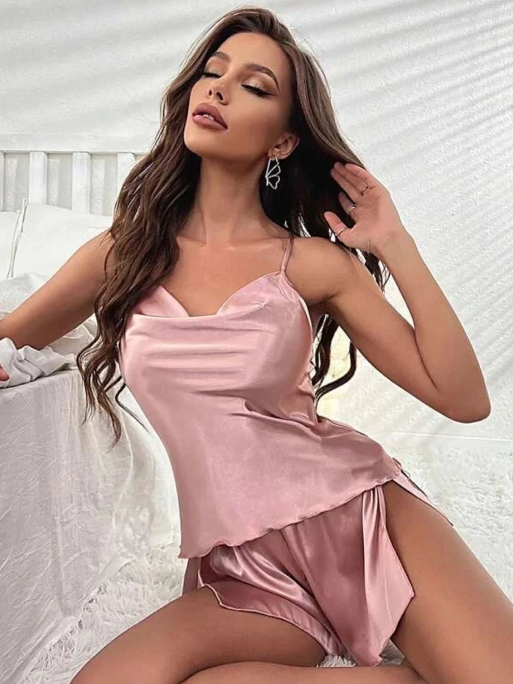 Draped Collar Knot Side Satin Cami Top & Shorts Set