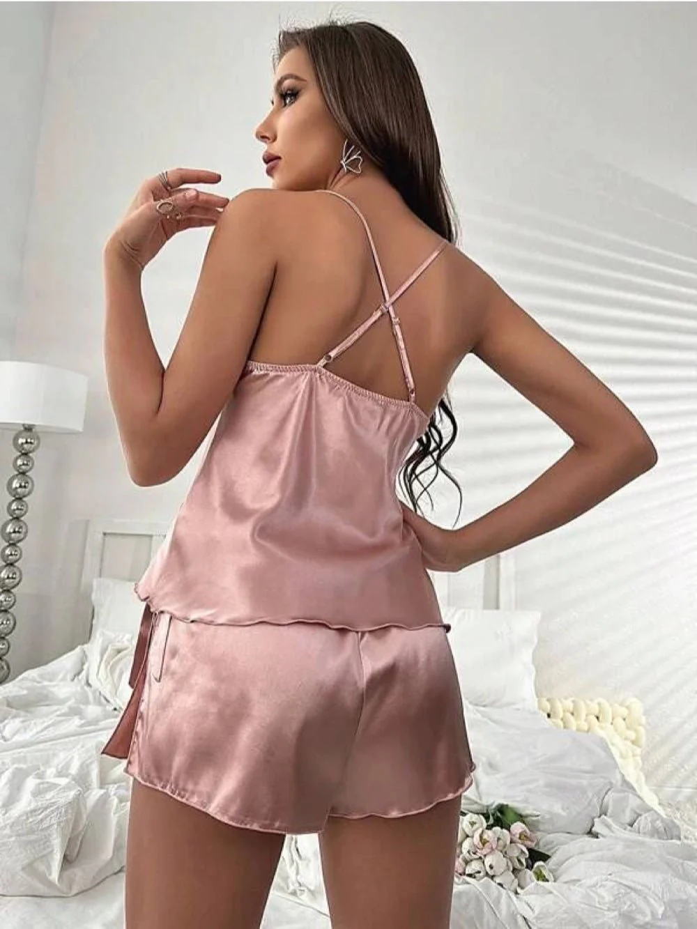 Draped Collar Knot Side Satin Cami Top & Shorts Set - Image 3