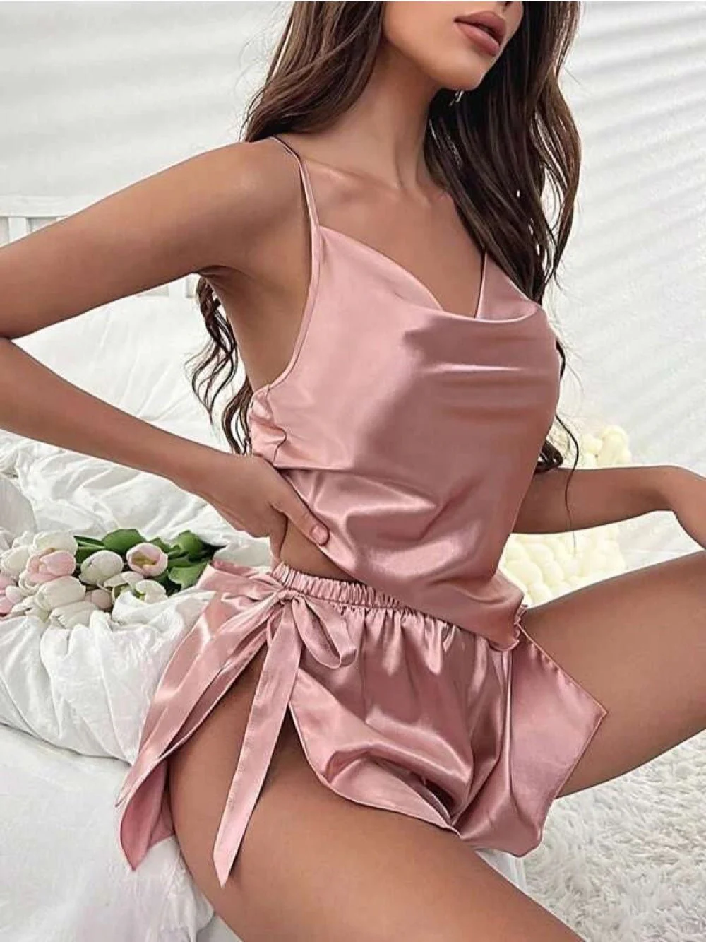 Draped Collar Knot Side Satin Cami Top & Shorts Set - Image 4