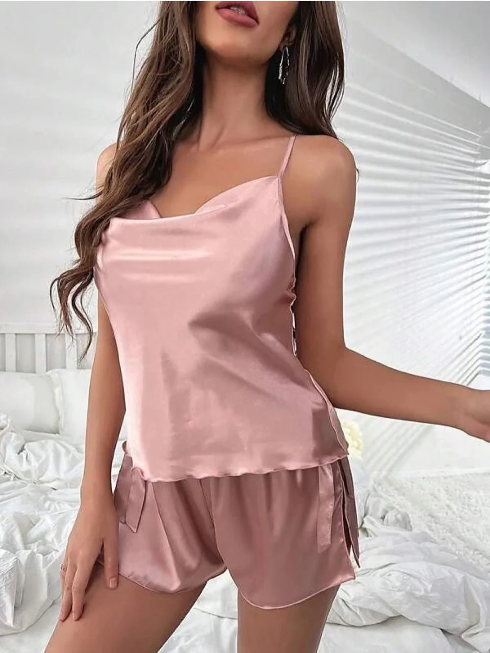 Draped Collar Knot Side Satin Cami Top & Shorts Set - Image 5