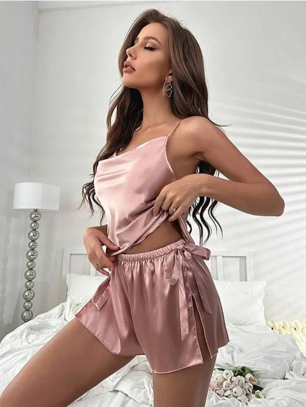 Draped Collar Knot Side Satin Cami Top & Shorts Set - Image 6