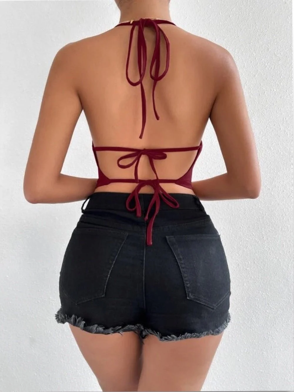 Draped Neck Tie Backless Halter Top - Image 3