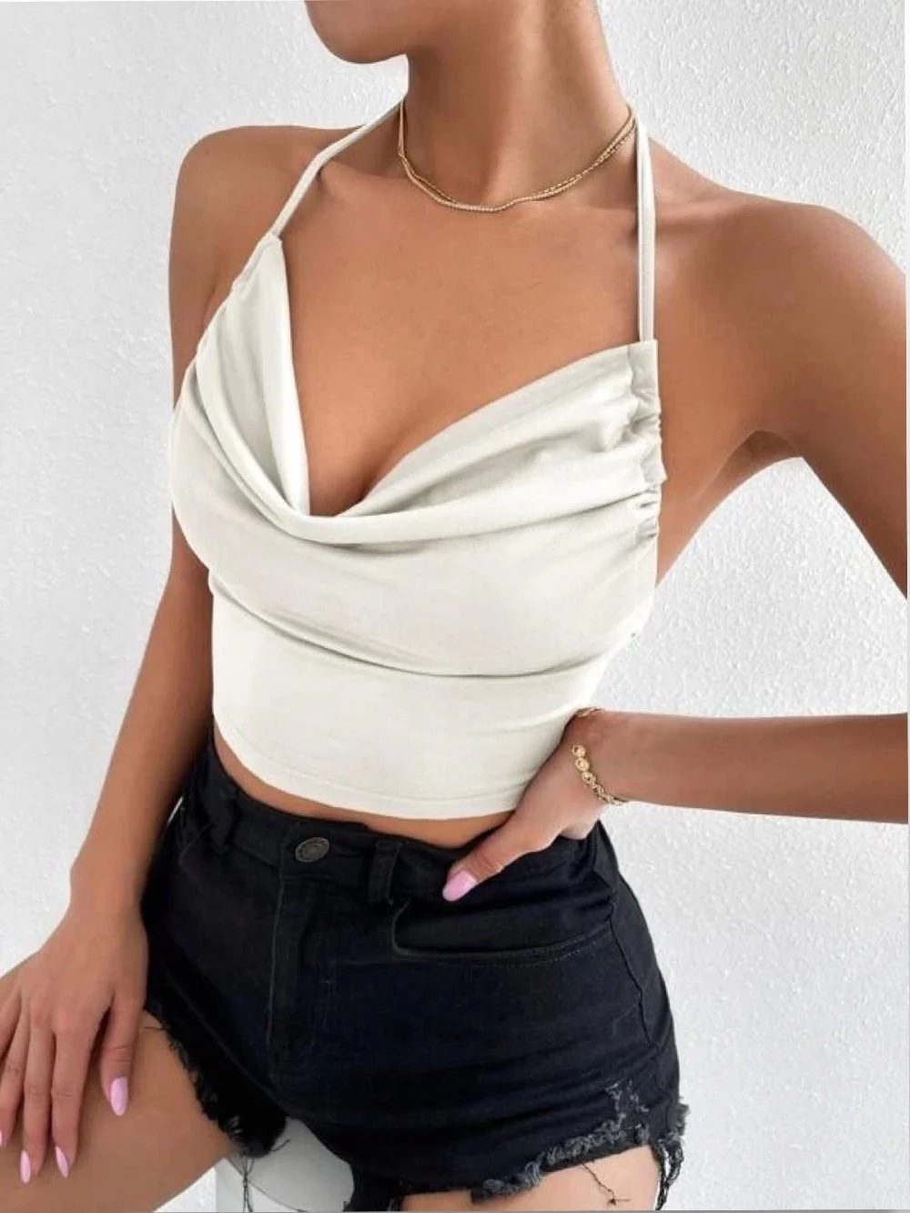 Draped Neck Tie Backless Halter Top - Image 7